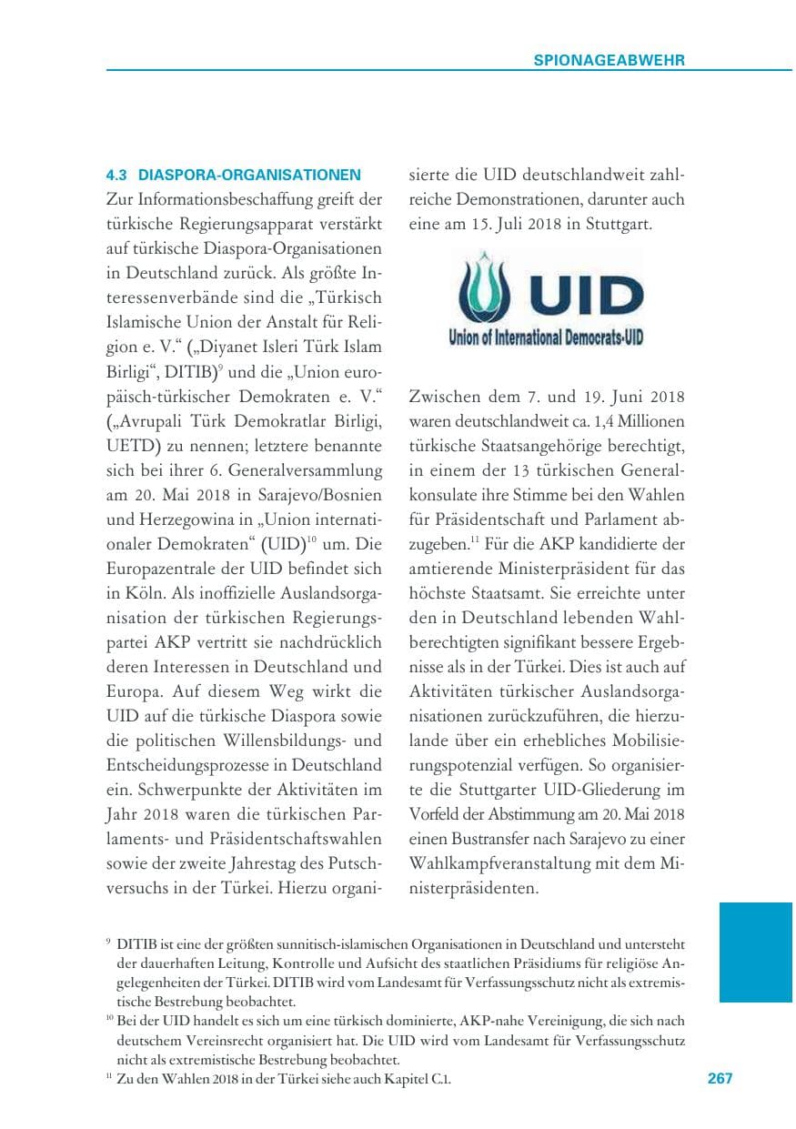 Seite 267 des Verfassungsschutzbericht 2018 Baden-Württemberg