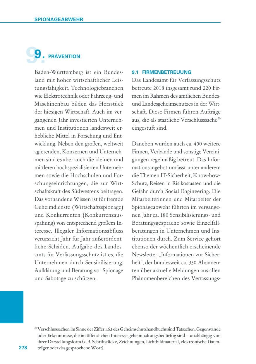 Seite 278 des Verfassungsschutzbericht 2018 Baden-Württemberg