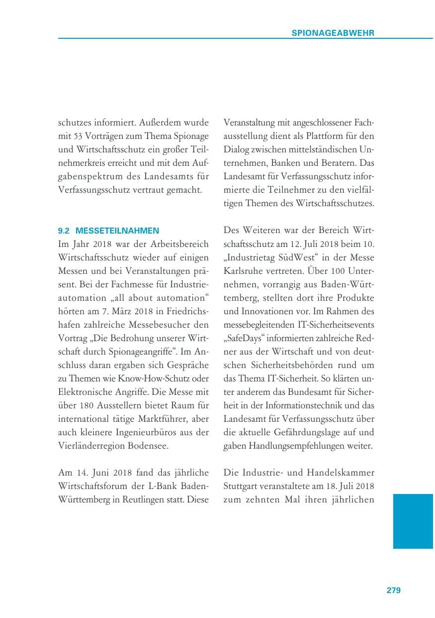 Seite 279 des Verfassungsschutzbericht 2018 Baden-Württemberg