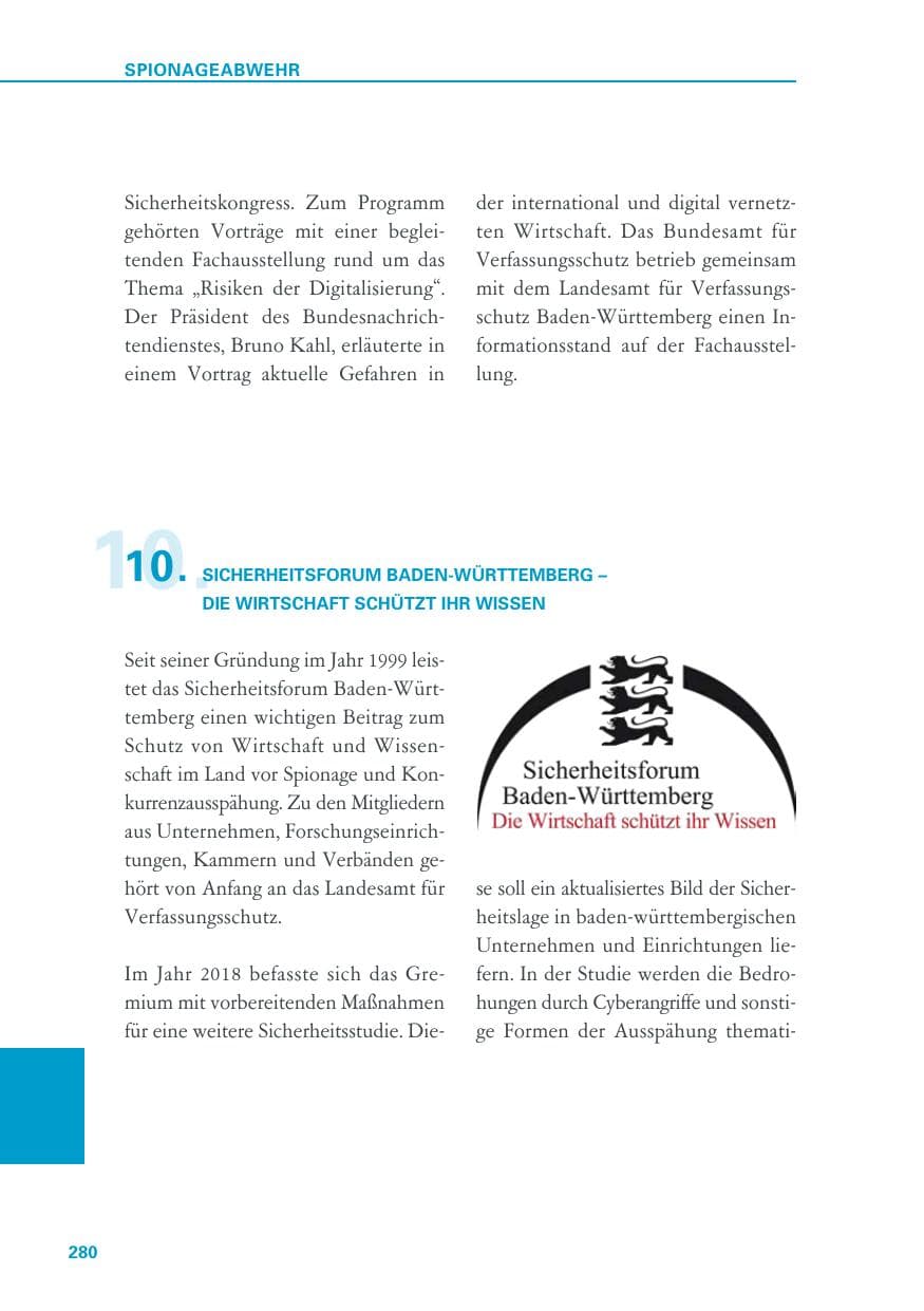 Seite 280 des Verfassungsschutzbericht 2018 Baden-Württemberg