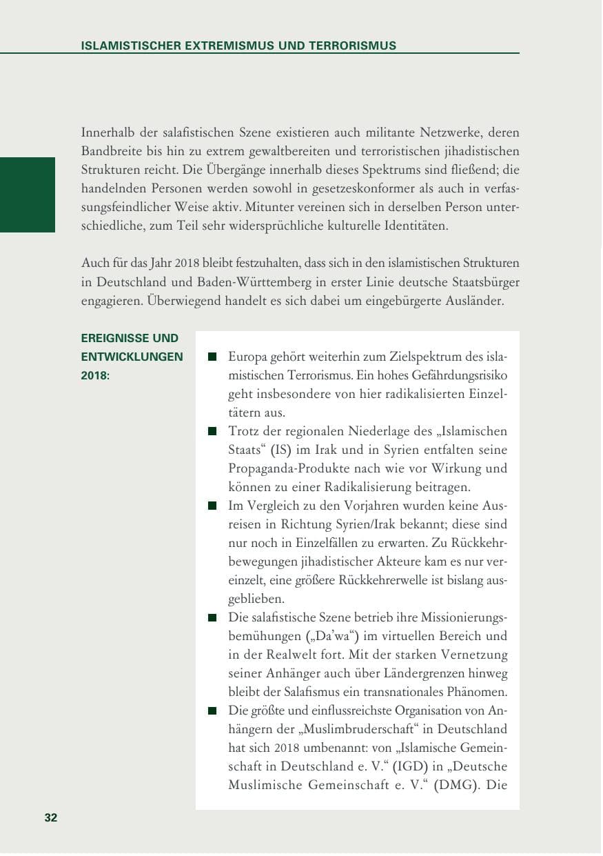 Seite 32 des Verfassungsschutzbericht 2018 Baden-Württemberg