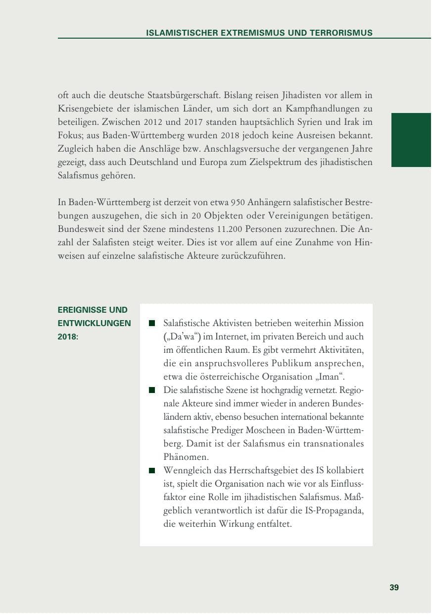 Seite 39 des Verfassungsschutzbericht 2018 Baden-Württemberg
