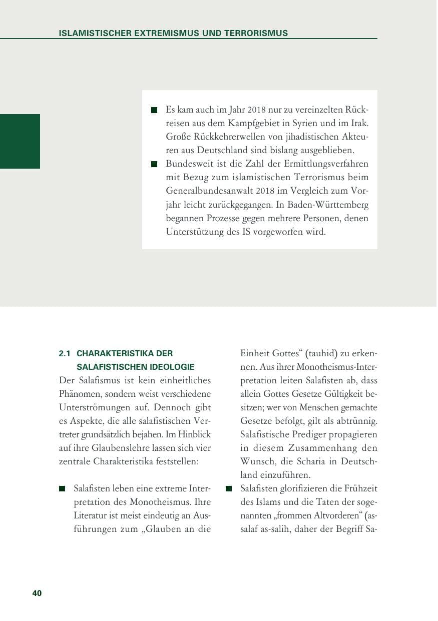 Seite 40 des Verfassungsschutzbericht 2018 Baden-Württemberg