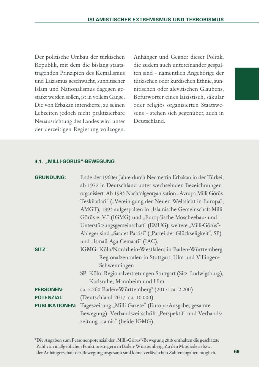 Seite 69 des Verfassungsschutzbericht 2018 Baden-Württemberg