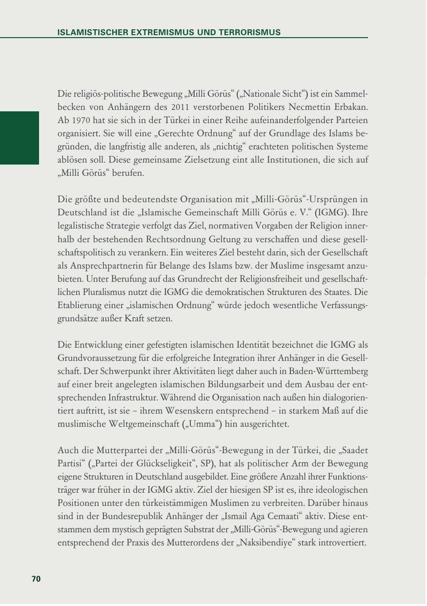 Seite 70 des Verfassungsschutzbericht 2018 Baden-Württemberg