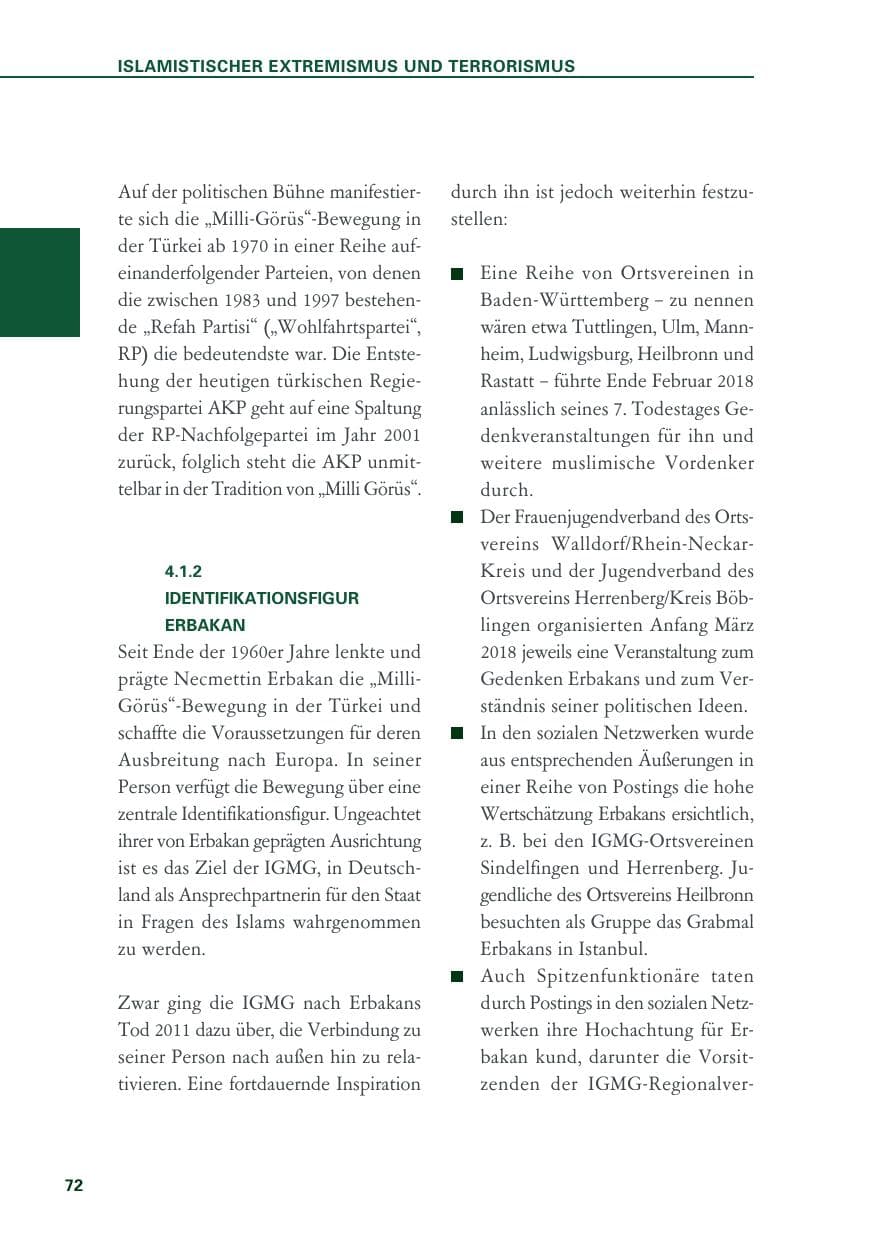 Seite 72 des Verfassungsschutzbericht 2018 Baden-Württemberg