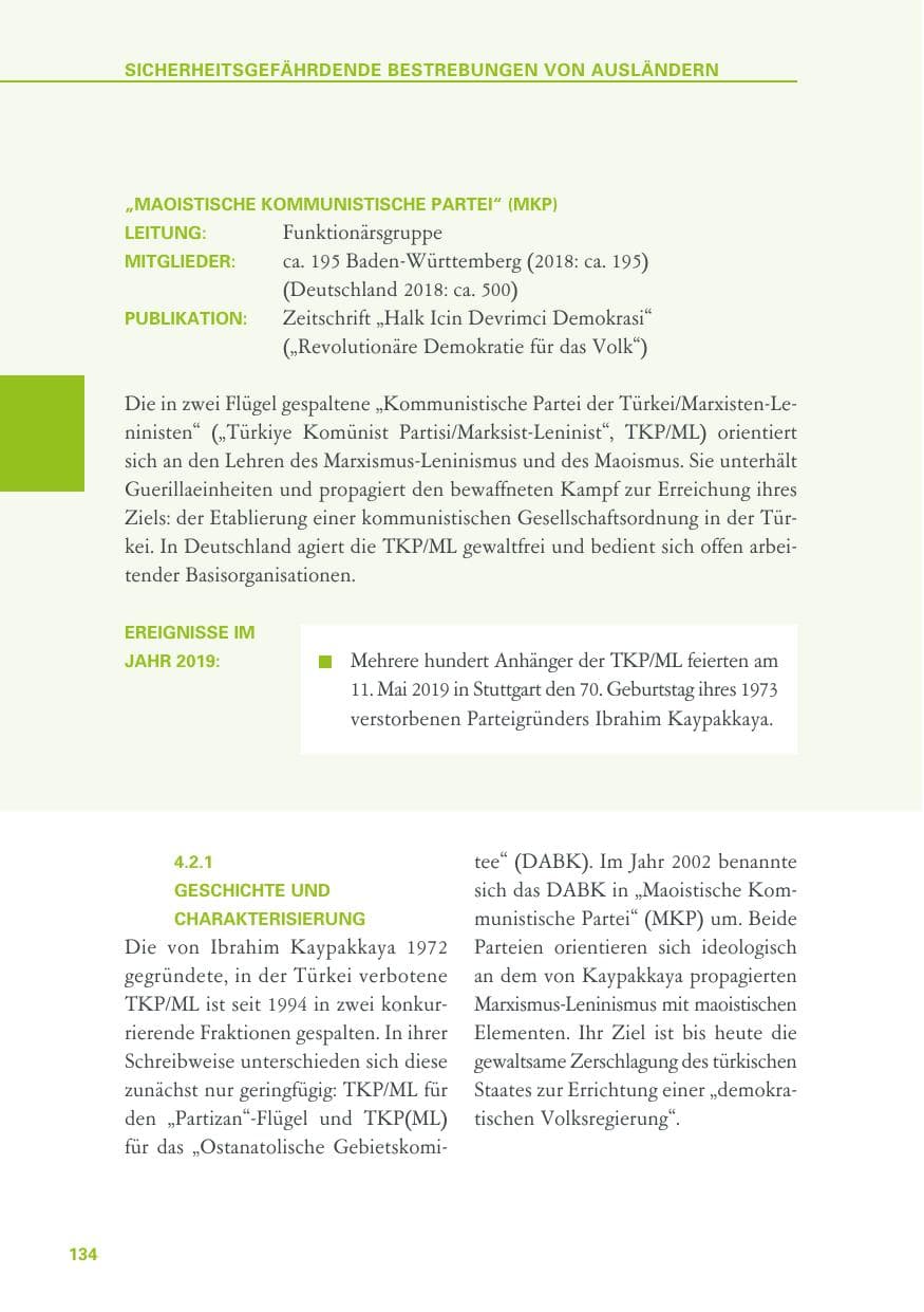 Seite 134 des Verfassungsschutzbericht 2019 Baden-Württemberg