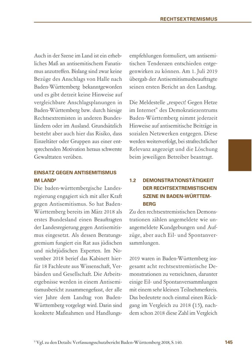 Seite 145 des Verfassungsschutzbericht 2019 Baden-Württemberg