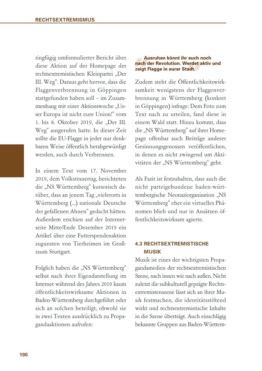Seite 190 des Verfassungsschutzbericht 2019 Baden-Württemberg