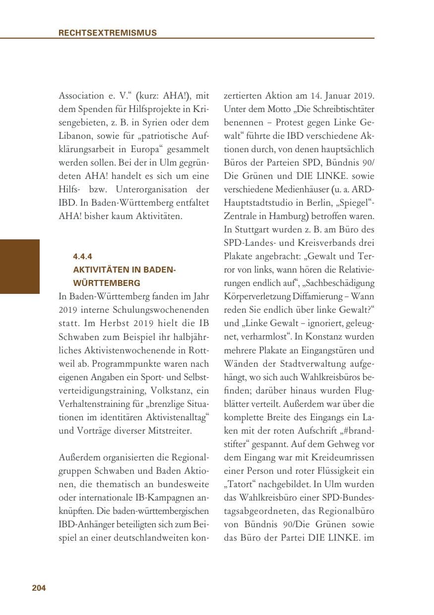 Seite 204 des Verfassungsschutzbericht 2019 Baden-Württemberg