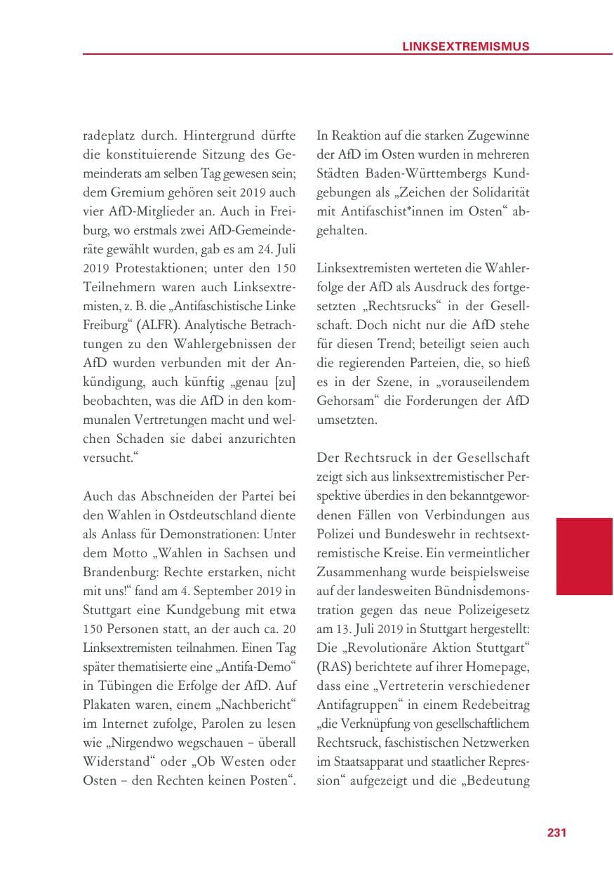 Seite 231 des Verfassungsschutzbericht 2019 Baden-Württemberg
