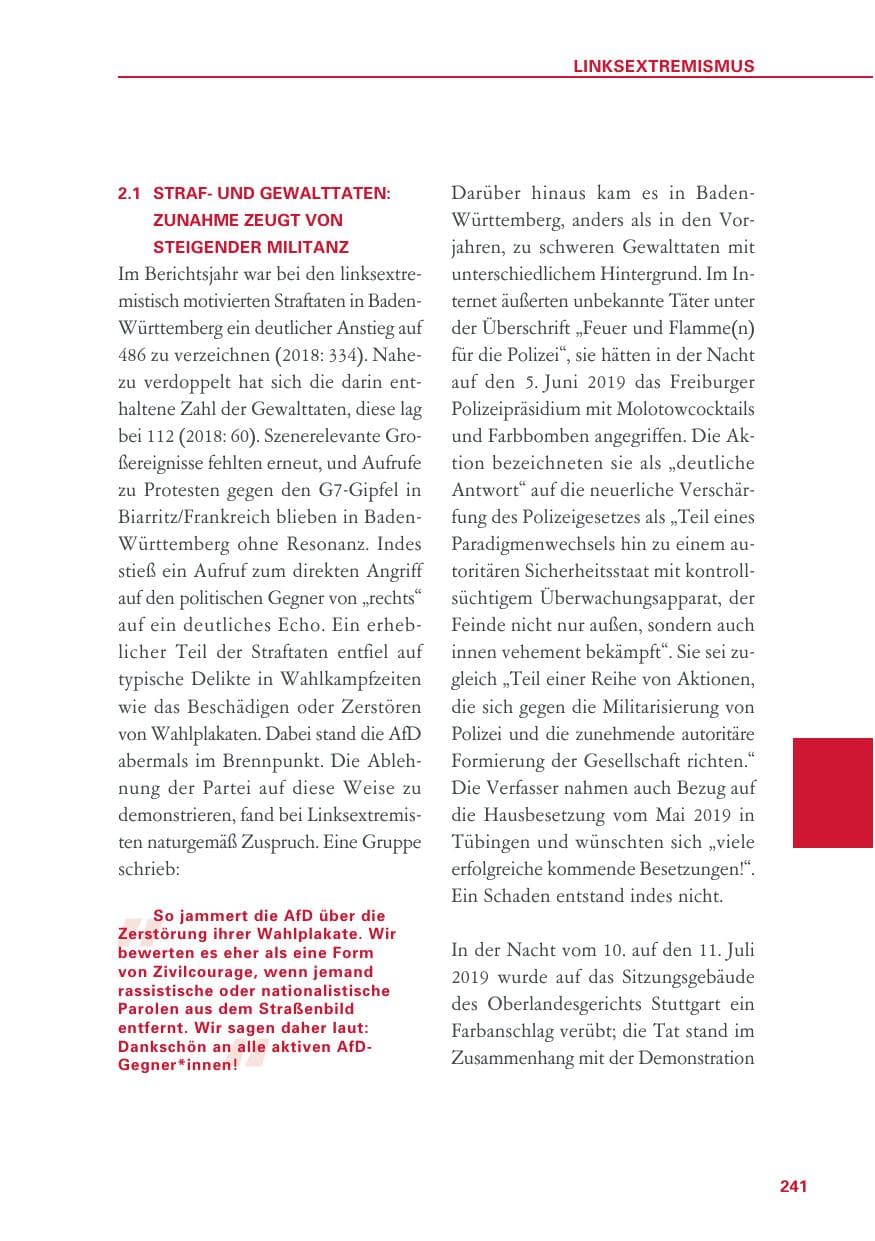 Seite 241 des Verfassungsschutzbericht 2019 Baden-Württemberg