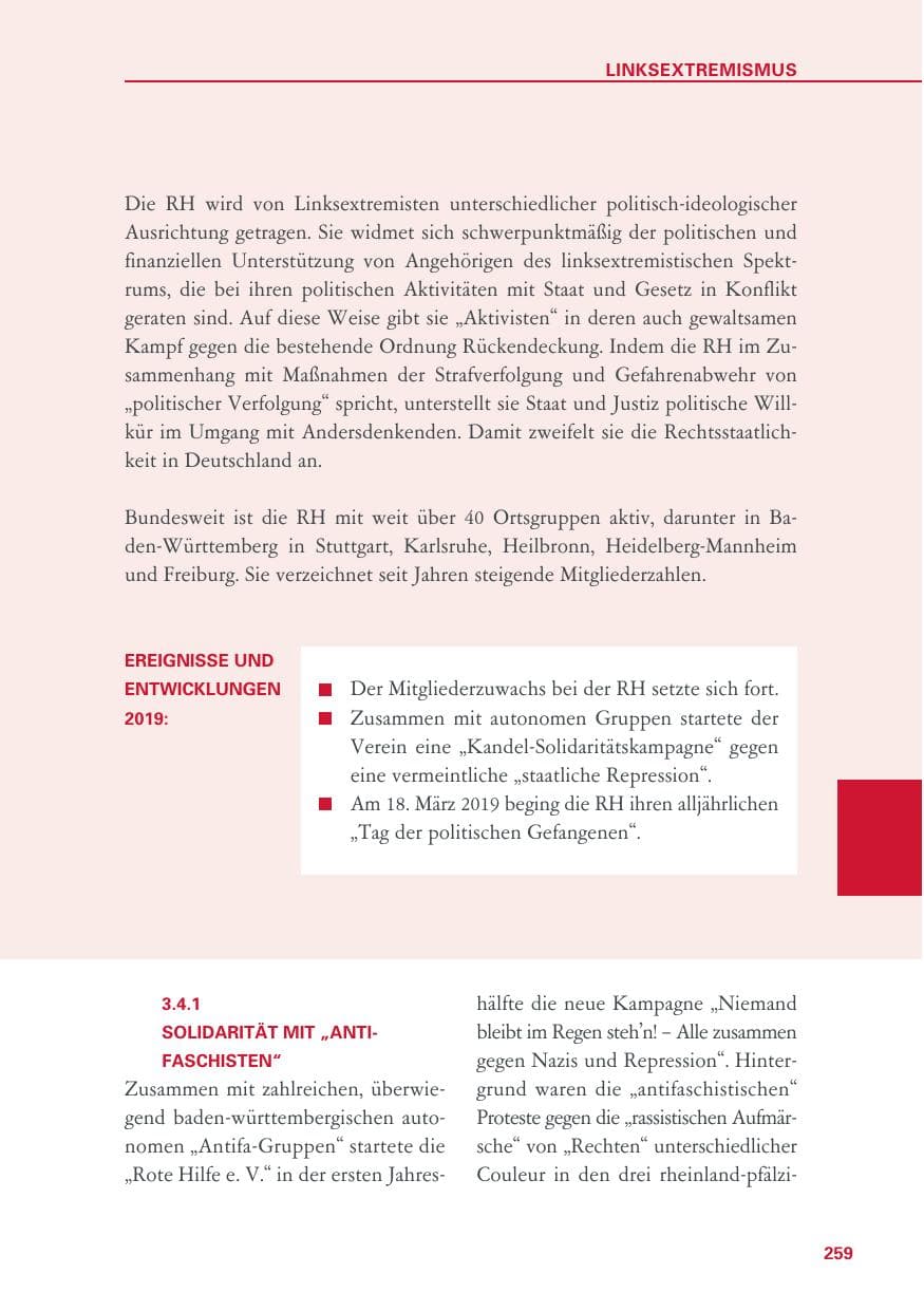 Seite 259 des Verfassungsschutzbericht 2019 Baden-Württemberg