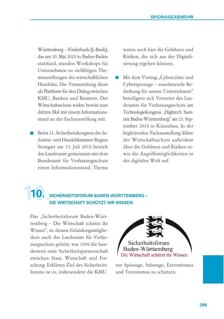 Seite 299 des Verfassungsschutzbericht 2019 Baden-Württemberg