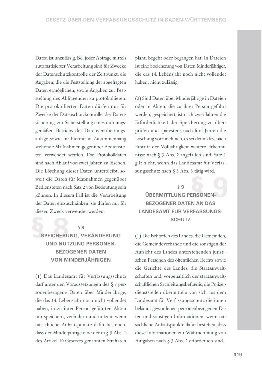 Seite 319 des Verfassungsschutzbericht 2019 Baden-Württemberg