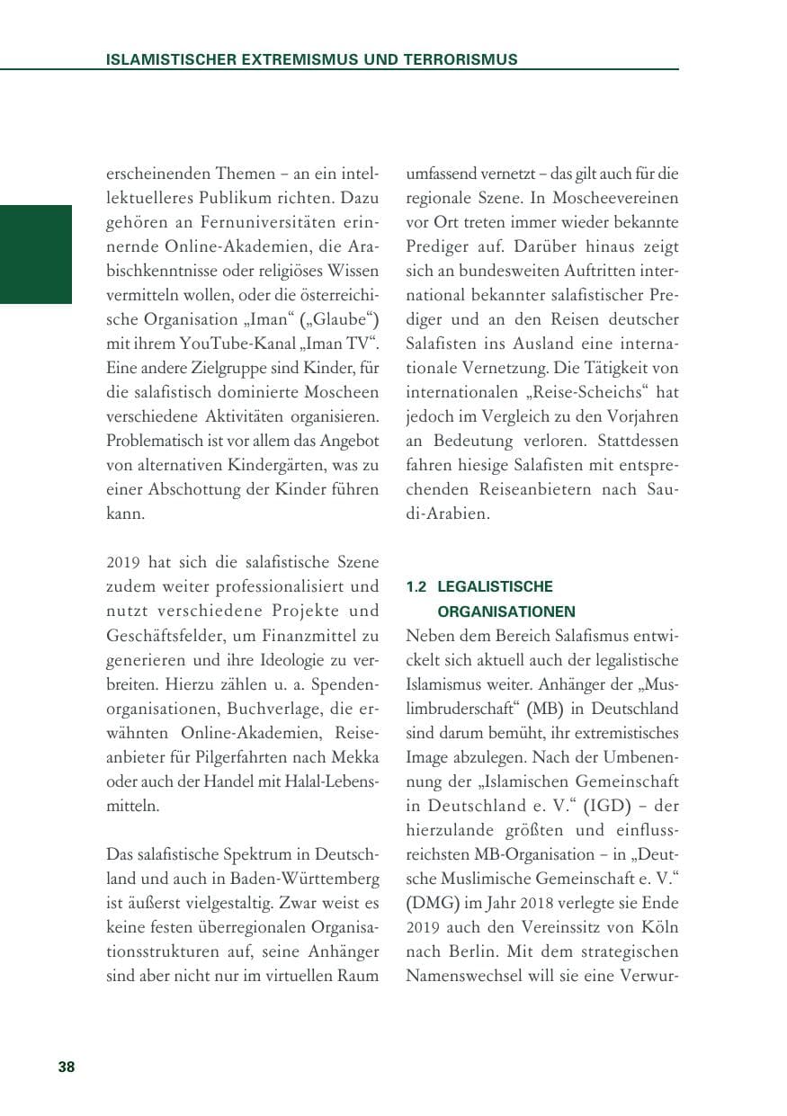 Seite 38 des Verfassungsschutzbericht 2019 Baden-Württemberg