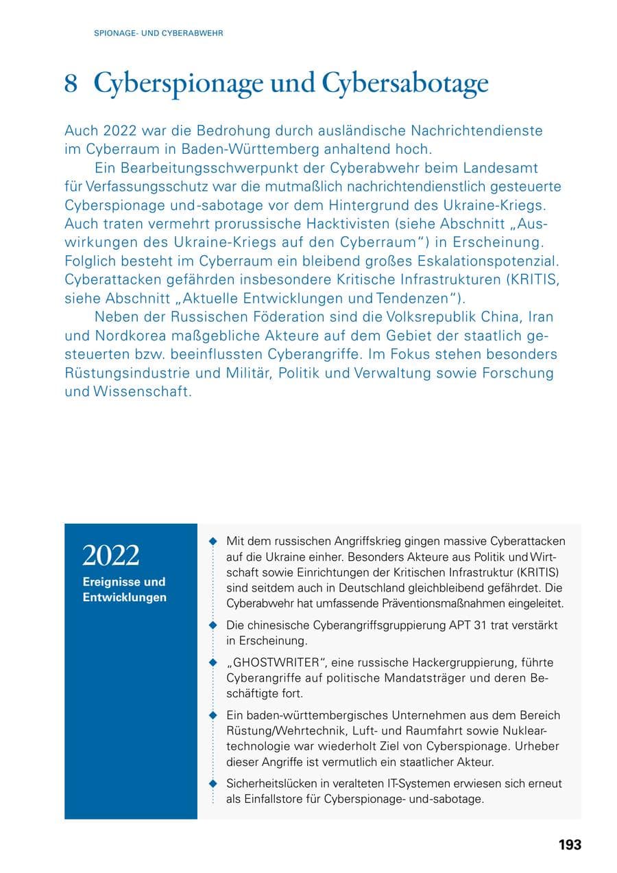 Seite 191 des Verfassungsschutzbericht 2022 Baden-Württemberg
