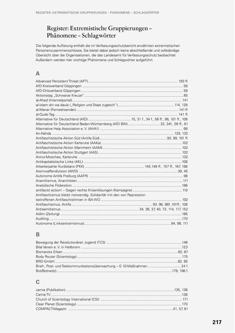 Seite 215 des Verfassungsschutzbericht 2022 Baden-Württemberg