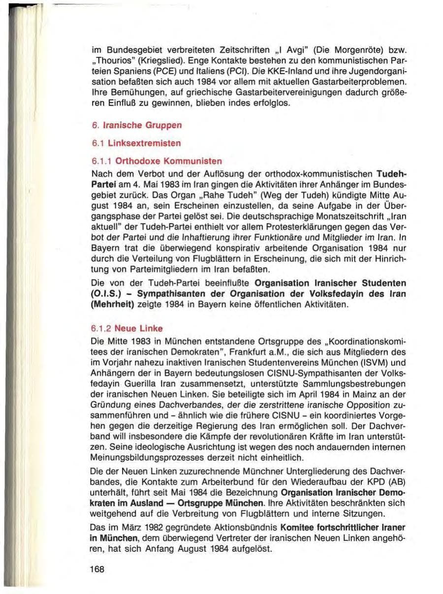 Seite 168 des Verfassungsschutzbericht 1984 Bayern