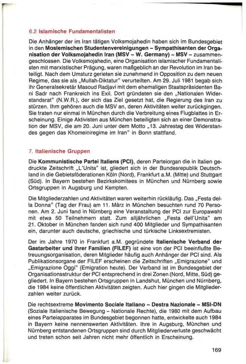 Seite 169 des Verfassungsschutzbericht 1984 Bayern