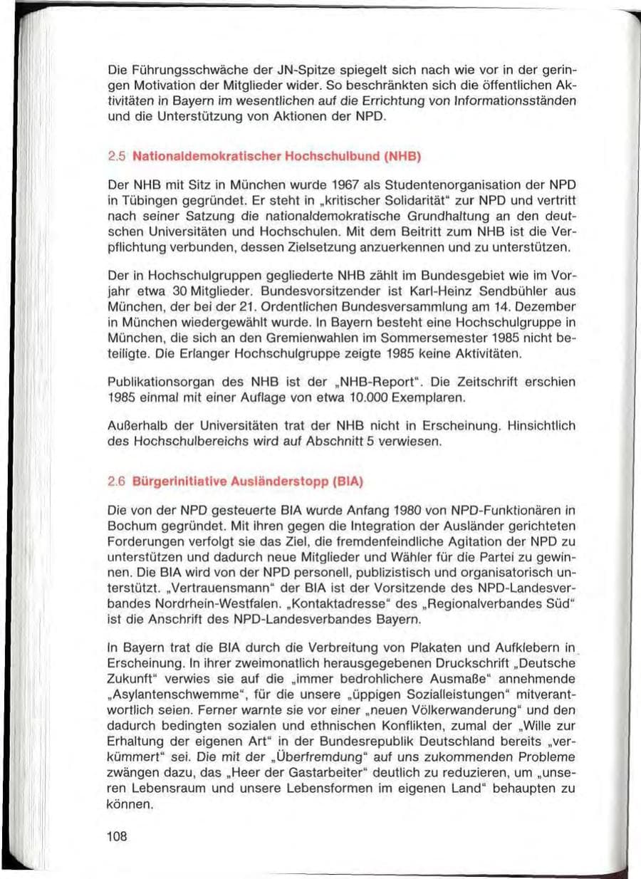 Seite 108 des Verfassungsschutzbericht 1985 Bayern