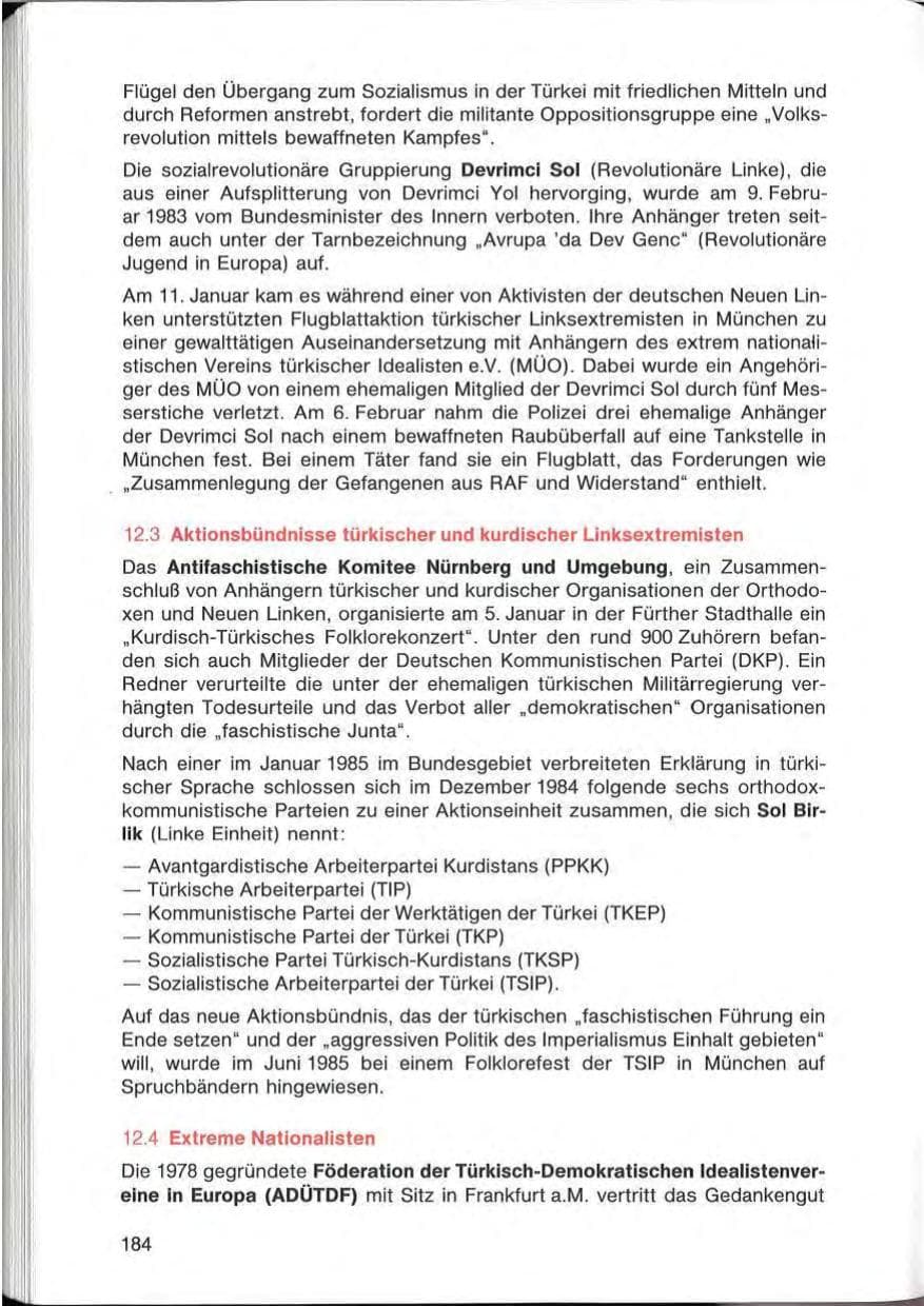 Seite 184 des Verfassungsschutzbericht 1985 Bayern