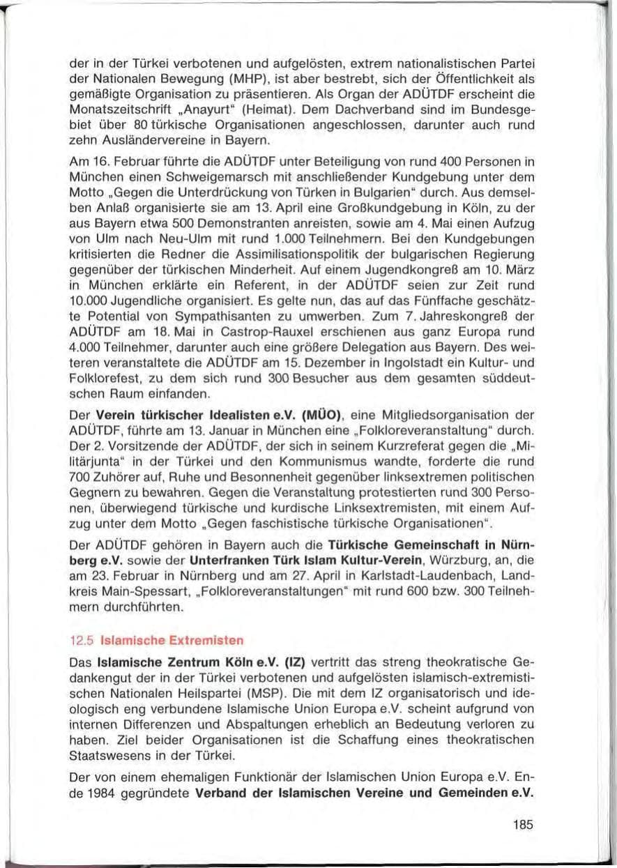 Seite 185 des Verfassungsschutzbericht 1985 Bayern
