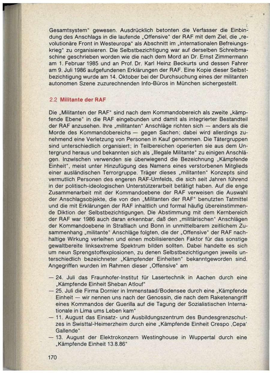 Seite 170 des Verfassungsschutzbericht 1986 Bayern