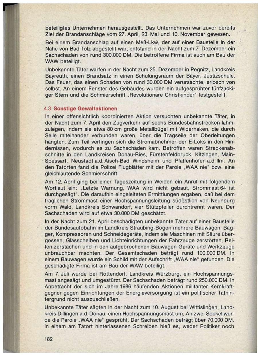 Seite 182 des Verfassungsschutzbericht 1986 Bayern