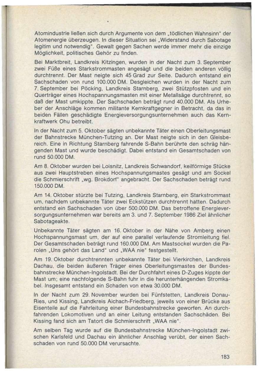 Seite 183 des Verfassungsschutzbericht 1986 Bayern