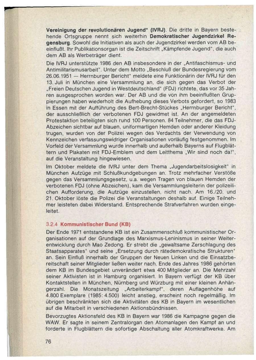 Seite 76 des Verfassungsschutzbericht 1986 Bayern