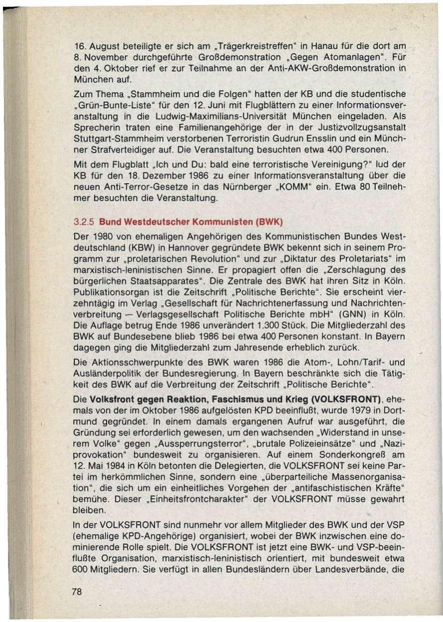 Seite 78 des Verfassungsschutzbericht 1986 Bayern