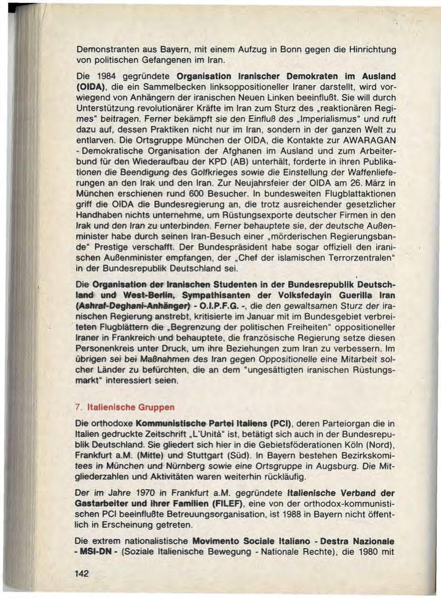 Seite 144 des Verfassungsschutzbericht 1988 Bayern