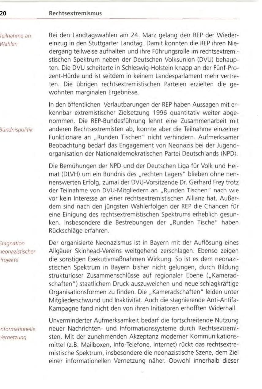 Seite 20 des Verfassungsschutzbericht 1996 Bayern