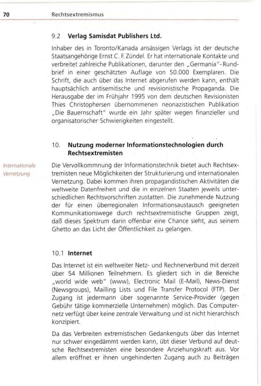Seite 70 des Verfassungsschutzbericht 1996 Bayern
