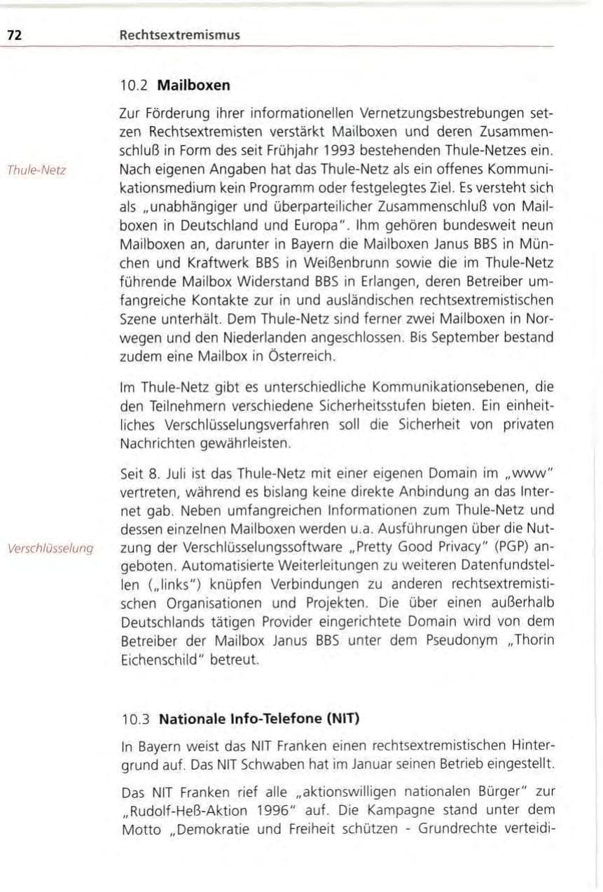 Seite 72 des Verfassungsschutzbericht 1996 Bayern