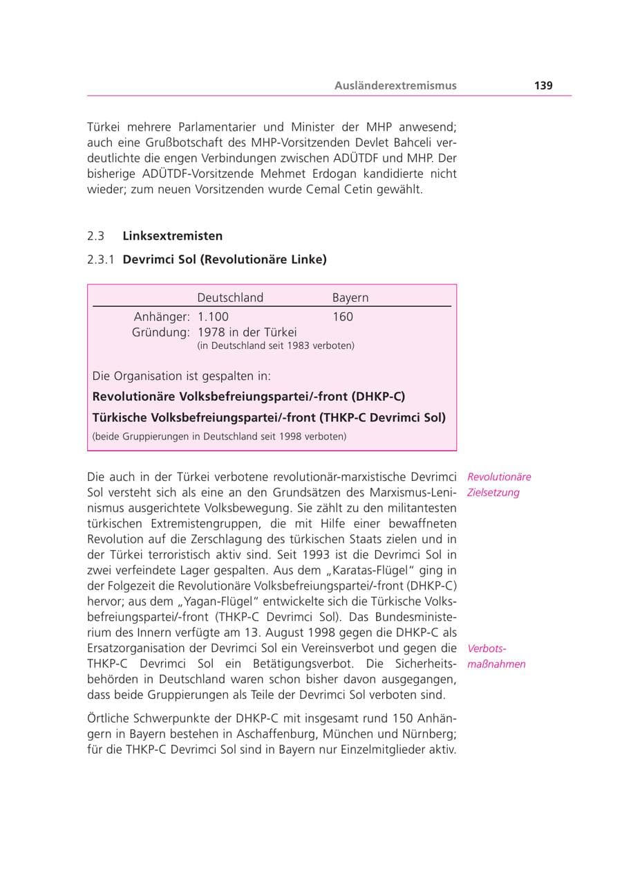 Seite 139 des Verfassungsschutzbericht 1999 Bayern