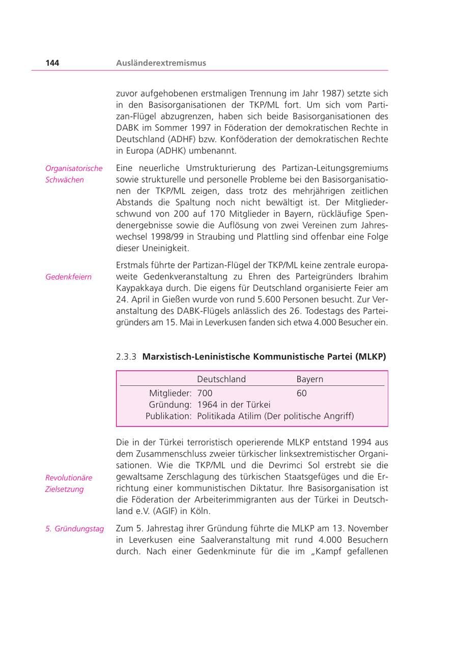 Seite 144 des Verfassungsschutzbericht 1999 Bayern