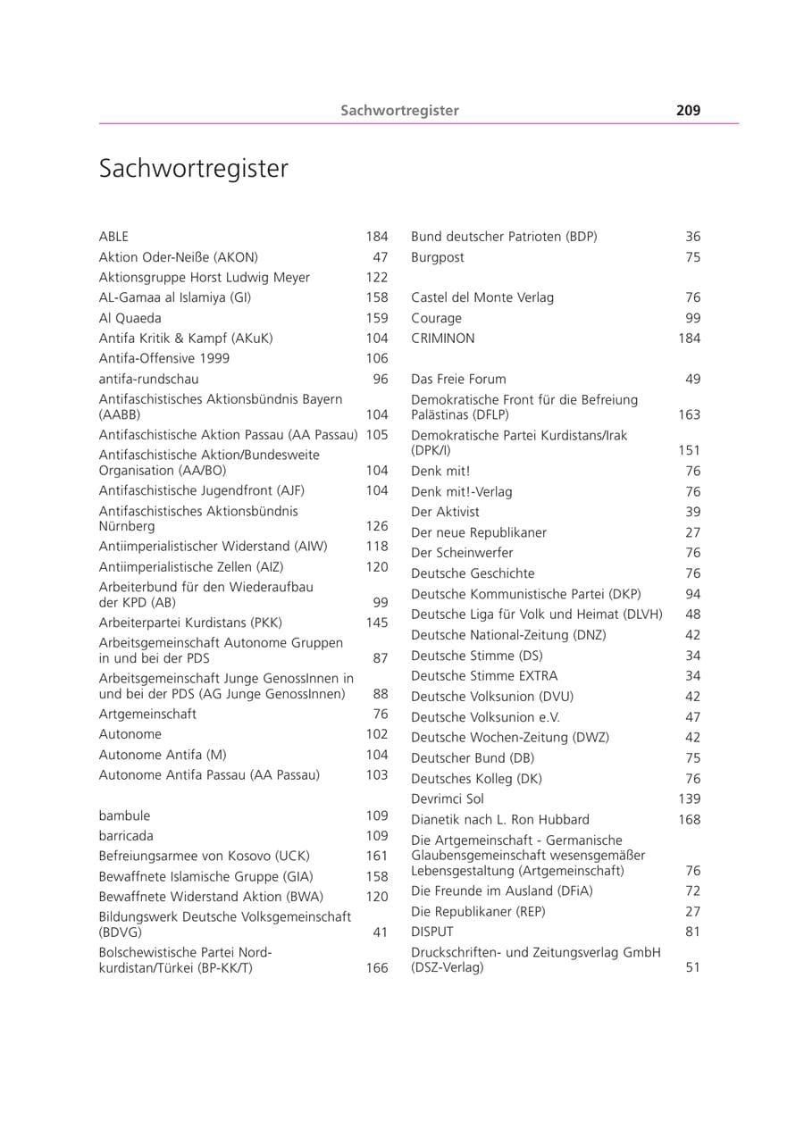 Seite 209 des Verfassungsschutzbericht 1999 Bayern