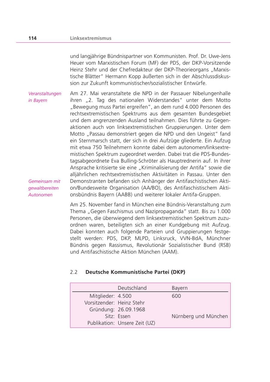 Seite 114 des Verfassungsschutzbericht 2000 Bayern
