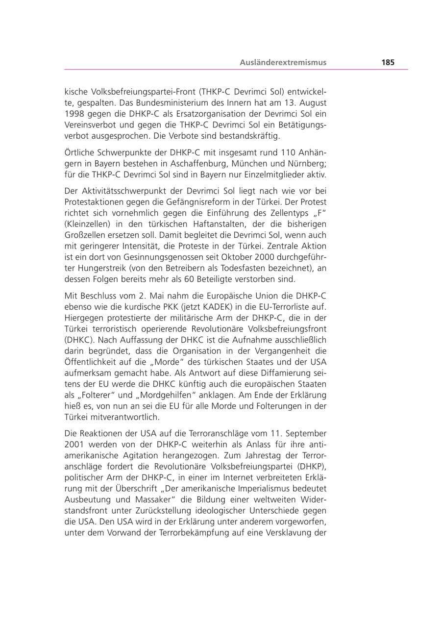 Seite 185 des Verfassungsschutzbericht 2002 Bayern