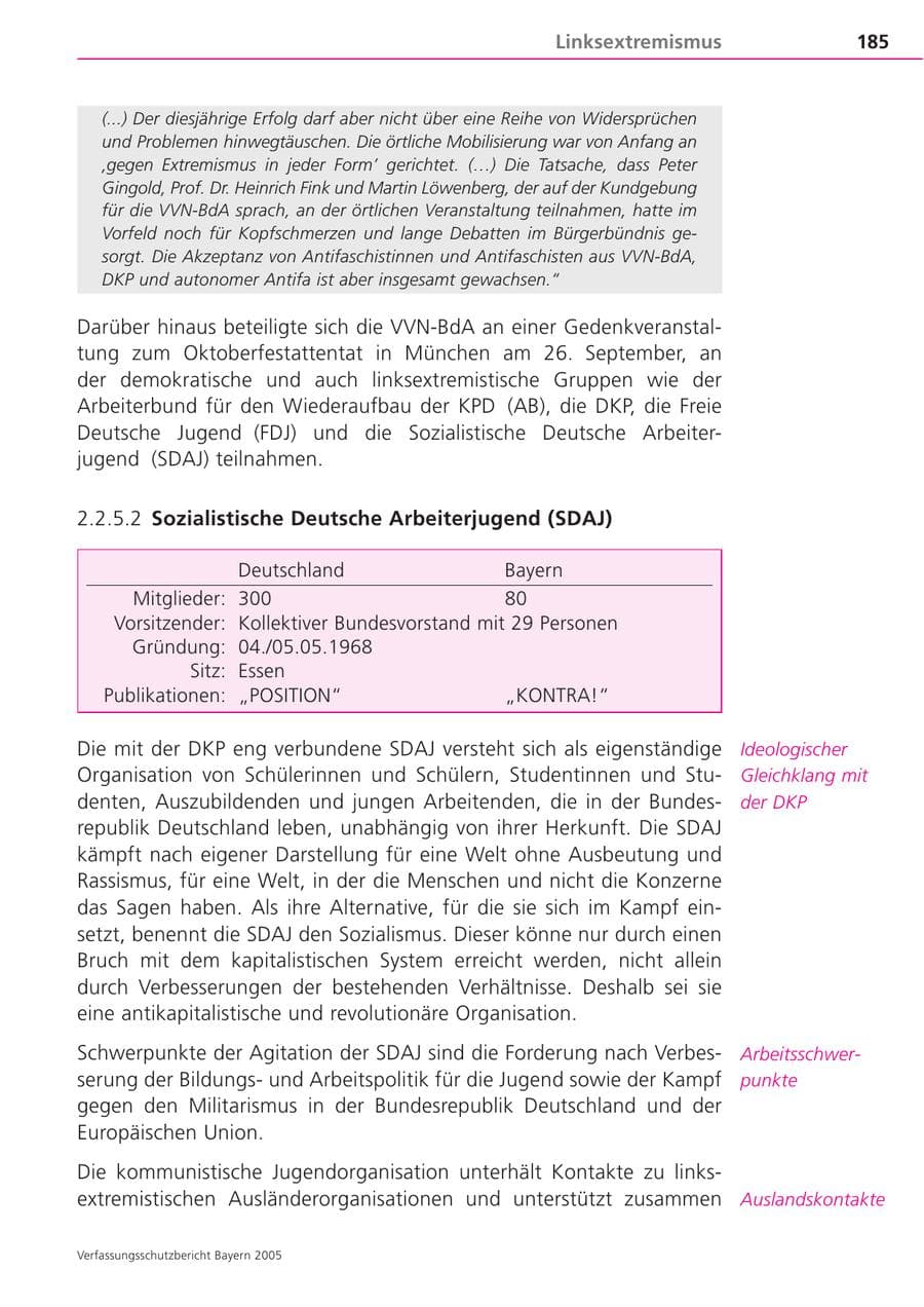 Seite 185 des Verfassungsschutzbericht 2005 Bayern