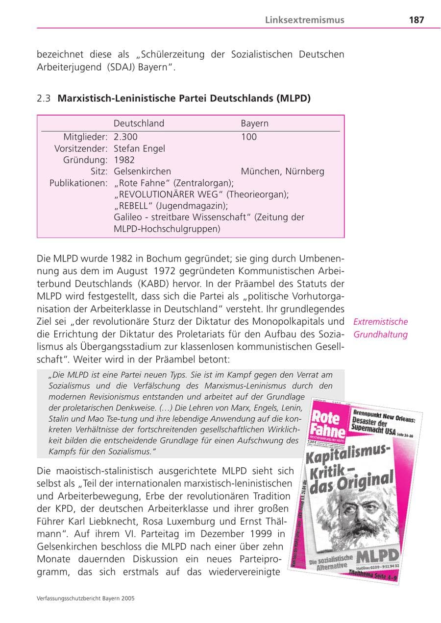 Seite 187 des Verfassungsschutzbericht 2005 Bayern