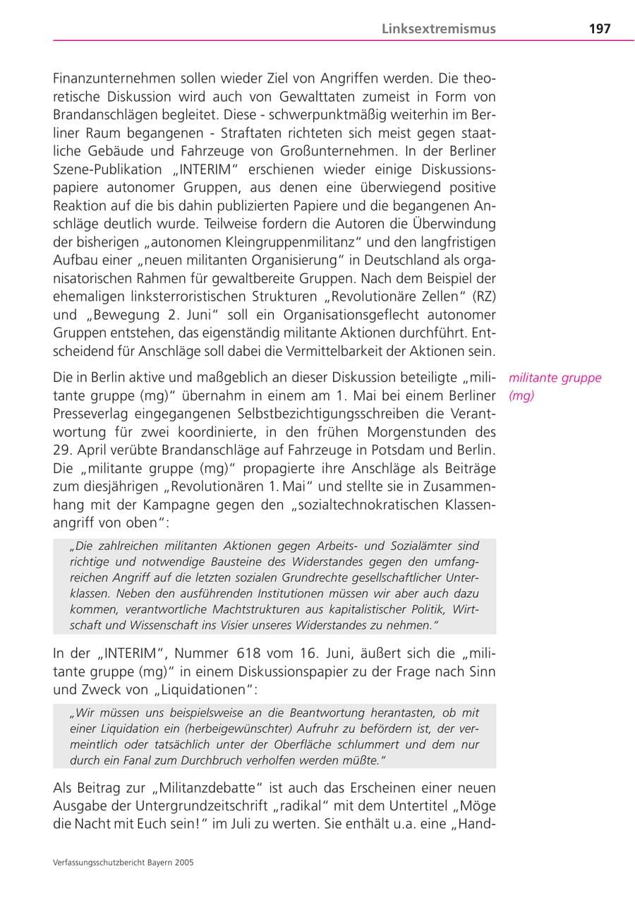 Seite 197 des Verfassungsschutzbericht 2005 Bayern