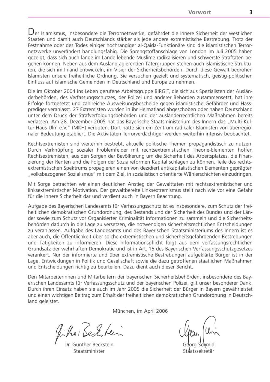 Seite 3 des Verfassungsschutzbericht 2005 Bayern