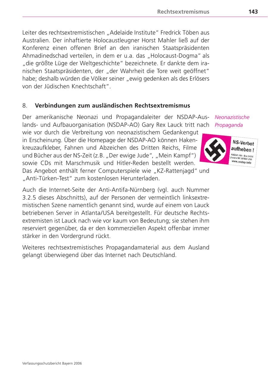 Seite 143 des Verfassungsschutzbericht 2006 Bayern