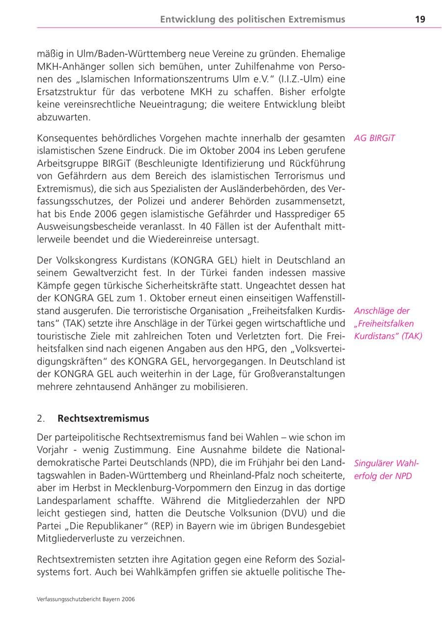 Seite 19 des Verfassungsschutzbericht 2006 Bayern