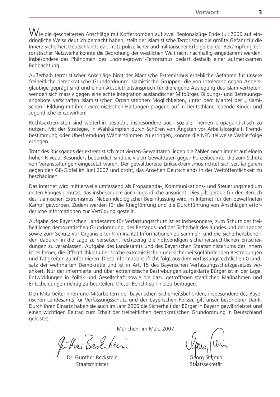 Seite 3 des Verfassungsschutzbericht 2006 Bayern