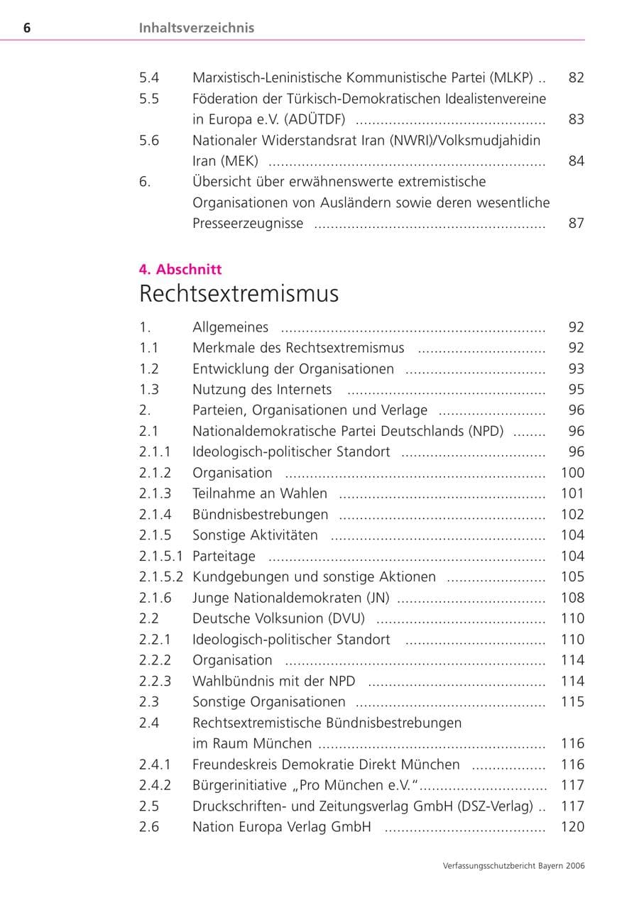 Seite 6 des Verfassungsschutzbericht 2006 Bayern