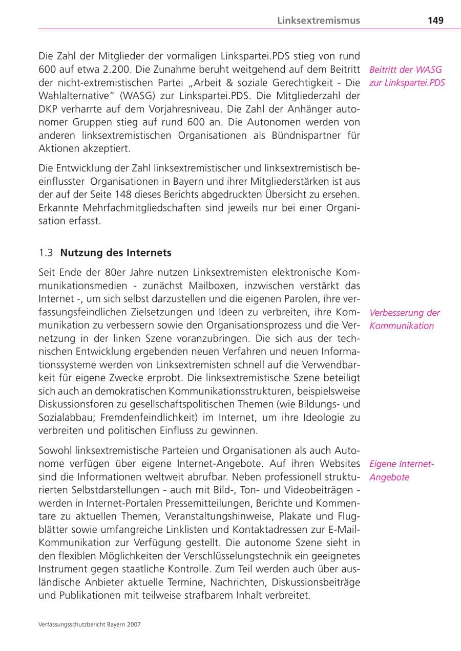 Seite 149 des Verfassungsschutzbericht 2007 Bayern
